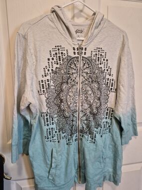 Style & Co. Ombre Mint and Light Gray Zip-Up Hoodie Jacket with Mandala Print